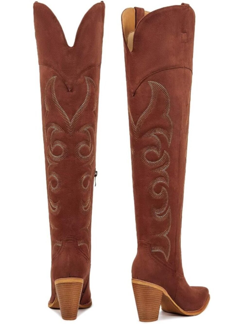 Women's Over Knee Reddish Western Boot with Pull On Tab Chunky Heel Cowgirl Boot - Picture 4 of 6